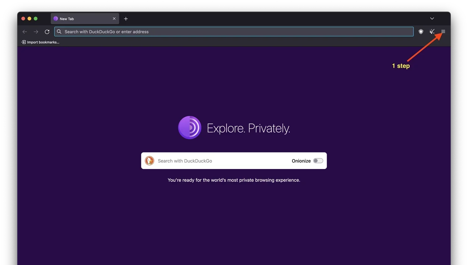 Tor Browser initial setup — step 1 click settings icon to configure security level