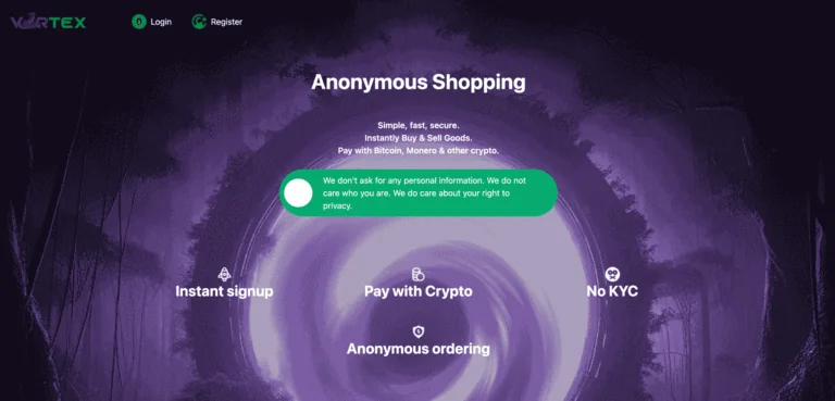 Vortex Market homepage — anonymous marketplace interface with auto BTC to XMR conversion